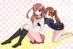  2girls atarashi_ako bare_legs barefoot bottomless female full_body long_sleeves multiple_girls naked_track_jacket no_panties no_pants saki school_uniform skirt takakamo_shizuno uniform 