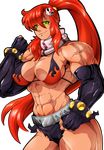  1girl abs aw08 belt bikini bikini_top breasts cleavage elbow_gloves extreme_muscles female fingerless_gloves gloves hair_ornament hairpin large_breasts long_hair long_ponytail looking_at_viewer muscle navel red_hair reiq scarf smile solo studded_belt tengen_toppa_gurren_lagann yellow_eyes yoko_littner 