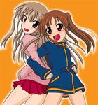  2girls atarashi_ako bare_legs bottomless female long_sleeves multiple_girls naked_track_jacket no_panties no_pants saki school_uniform skirt takakamo_shizuno uniform 