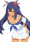  absurdres angry animal_ears blue_hair blush breasts cleavage hand_on_hip highres hishi_amazon horse_ears large_breasts leaning_forward long_hair looking_at_viewer nori_curry open_mouth red_eyes solo standing tan tanline umamusume 