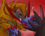  &lt;3 2013 duo hand_holding haxorus hydreigon kissing nintendo pok&eacute;mon red_background simple_background video_games にしくんsp 