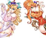  ahoge aqua_eyes blonde_hair blush breasts china_dress chinese_clothes cleavage covered_navel dragon_girl dragon_horns dragon_tail dress fur_trim green_eyes halloween highres horns jiangshi leilan_(p&amp;d) looking_at_viewer medium_breasts multiple_girls ofuda open_mouth orange_hair outstretched_arms puzzle_&amp;_dragons sakuya_(p&amp;d) samoore side_ponytail side_slit smile tail thighhighs wings zombie_pose 