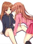  2girls atarashi_ako bare_legs bottomless female long_sleeves multiple_girls naked_track_jacket no_panties no_pants saki school_uniform skirt takakamo_shizuno uniform white_background yuri 