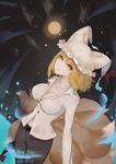  2016 alternate_costume animal_ears artist_name belt belt_buckle blonde_hair breasts buckle buttons cleavage cloud cloudy_sky collarbone contemporary cowboy_shot dated dress_shirt eyelashes fox_ears fox_tail full_moon gap hair_ribbon hat head_tilt highres large_breasts legs_together lips long_sleeves looking_at_viewer midriff mob_cap moon multiple_tails navel night night_sky no_bra pants pillow_hat pink_lips red_ribbon ribbon shirt short_hair sky solo tail touhou tress_ribbon unbuttoned unbuttoned_shirt white_shirt wu_yue_[vulpes] yakumo_ran yellow_eyes 