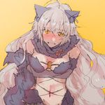  alternate_costume animal_ears blush breasts cleavage cosplay dangerous_beast elbow_gloves embarrassed fate/grand_order fate_(series) gloves grey_hair jeanne_d'arc_(alter)_(fate) jeanne_d'arc_(fate)_(all) long_hair mash_kyrielight mash_kyrielight_(cosplay) medium_breasts navel simple_background solo tears very_long_hair wonakira yellow_background yellow_eyes 