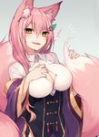  animal_ear_fluff animal_ears breasts cleavage detached_sleeves facial_mark fang fox_ears fox_girl fox_tail hair_ornament hand_on_own_chest large_breasts long_hair looking_at_viewer multiple_tails muryotaro open_clothes open_mouth open_shirt original pink_hair shirt smile solo tail yellow_eyes 