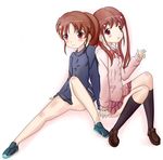  2girls bare_legs bottomless female full_body gradient gradient_background long_sleeves multiple_girls naked_track_jacket no_panties no_pants saki school_uniform skirt takakamo_shizuno uniform white_background 