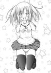  aki_(kagamitotukasakonata) bad_id bad_pixiv_id black_legwear blush greyscale hands_on_own_face heart heart-shaped_pupils highres kneeling long_hair monochrome open_mouth original panties school_uniform serafuku shirt shoes skirt smile solo star symbol-shaped_pupils thighs twintails two_side_up underwear wind wind_lift 