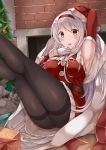 absurdres arm_up armpits black_legwear blush box breasts brown_eyes chimney christmas_tree detached_sleeves gift gift_box gloves highres kantai_collection large_breasts legs long_hair looking_at_viewer open_mouth pantyhose santa_costume shoukaku_(kantai_collection) silver_hair sitting solo thighband_pantyhose very_long_hair white_gloves zhou_yu_(ppaaqz1995) 