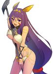  :d animal_ears between_breasts bracelet breasts dark_skin fate/grand_order fate_(series) jackal_ears jewelry large_breasts long_hair looking_at_viewer low-tied_long_hair nitocris_(fate/grand_order) open_mouth purple_eyes purple_hair simple_background smile solo tia_(cocorosso) underboob very_long_hair white_background 