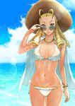  absurdres adjusting_eyewear ahoge alternate_costume antenna_hair beach bikini blonde_hair bracelet breasts brown_eyes cleavage cloud day drill_hair forehead hat highres jewelry kanzuki_karin large_breasts looking_at_viewer navel necklace ocean outdoors parted_lips purinnssu shirt_on_shoulders solo stomach straw_hat street_fighter street_fighter_v sun_hat sunglasses swimsuit thigh_gap water wet wet_clothes wet_swimsuit white_bikini 