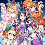 blonde_hair blue_eyes blush bow braid breasts china_dress chinese_clothes claw_(weapon) cleavage double_bun dragon_girl dragon_horns dress fur_trim green_eyes hair_between_eyes hair_bow hair_ornament haku_(p&amp;d) halloween hat head_fins highres horns jiangshi karin_(p&amp;d) leilan_(p&amp;d) long_hair medium_breasts meimei_(p&amp;d) multicolored_hair multiple_girls off_shoulder ofuda open_mouth orange_hair outstretched_arms purple_hair puzzle_&amp;_dragons sakuya_(p&amp;d) samoore shaded_face side_ponytail small_breasts smile spiked_knuckles turtle_shell twin_braids two-tone_hair weapon wings zombie_pose 