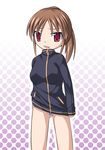  1girl bandaid_on_pussy bare_legs bottomless female gradient gradient_background long_sleeves naked_track_jacket no_panties no_pants saki solo takakamo_shizuno white_background 