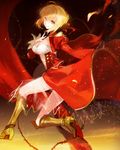  ahoge armored_boots blonde_hair boots breasts cleavage eyebrows eyebrows_visible_through_hair fate/extra fate_(series) green_eyes hair_ribbon hand_over_heart highres large_breasts moemoe3345 nero_claudius_(fate) nero_claudius_(fate)_(all) red_ribbon ribbon short_hair smile solo white_legwear 