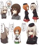  3girls bangs black_eyes blouse blue_eyes brown_eyes brown_hair closed_eyes commentary_request dress_shirt fang frown garrison_cap girls_und_panzer green_skirt grey_shirt hat highres itsumi_erika kumo_(atm) kuromorimine_military_uniform kuromorimine_school_uniform long_hair long_sleeves military military_uniform miniskirt multiple_girls neckerchief nishizumi_maho nishizumi_miho ooarai_school_uniform red_skirt school_uniform serafuku shirt short_hair silver_hair skirt spoken_ellipsis sweat thought_bubble translation_request uniform white_blouse 