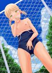  1girl blonde_hair blush chain-link_fence cloud covering_mouth embarrassed female fence flat_chest from_below green_eyes looking_at_viewer looking_down low_twintails nipples one-piece_swimsuit original peeing peeing_self school_swimsuit short_hair short_twintails sky solo swimsuit swimsuit_pull tree tsuttsu twintails 