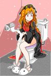  animal_slippers black_dress bunny_slippers chinese_clothes commentary dress dress_lift junko_(touhou) knees_together_feet_apart long_hair long_sleeves orange_hair red_eyes rochika_gekijou solo tabard toilet toilet_paper toilet_use touhou very_long_hair wavy_hair 