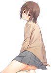  arm_support bare_legs barefoot blush brown_eyes brown_hair cardigan from_behind highres long_sleeves looking_at_viewer looking_back mikazuchi_zeus no_shoes original pleated_skirt school_uniform short_hair simple_background sitting skirt sleeves_past_wrists smile solo white_background 