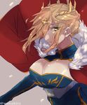  artoria_pendragon_(all) artoria_pendragon_(lancer) blonde_hair breasts bursting_breasts cape cleavage cleavage_cutout crown fate/grand_order fate_(series) green_eyes highres large_breasts looking_at_viewer short_hair solo wonakira 