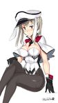  animal_ears black_gloves black_legwear blush breasts bunny_ears bunnysuit capelet commentary covered_navel covered_nipples crossed_legs fake_animal_ears gloves graf_zeppelin_(kantai_collection) grey_eyes grey_hair hand_on_own_knee hat highres invisible_chair kantai_collection kuro_chairo_no_neko large_breasts leotard pantyhose peaked_cap simple_background sitting sketch solo twintails twitter_username white_background 