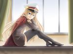  blonde_hair blue_eyes cape deutschland_(zhan_jian_shao_nyu) hat highres light_smile long_hair looking_at_viewer looking_to_the_side military military_uniform peaked_cap shukyou sitting solo thighhighs uniform window zhan_jian_shao_nyu 