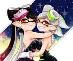  2girls aori_(splatoon) bare_shoulders black_dress black_hair blush bow breast_press breasts commentary_request detached_collar domino_mask dress earrings eyebrows fang food food_on_head gloves grin hair_bow hat hotaru_(splatoon) hug jewelry long_hair looking_at_viewer mask medium_breasts mole mole_under_eye multiple_girls object_on_head one_eye_closed orange_eyes pointy_ears short_hair silver_hair smile splatoon_(series) splatoon_1 strapless sumire_(sumi000000) symbol-shaped_pupils symmetrical_docking tentacle_hair tentacles thick_eyebrows upper_body white_gloves 