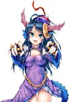  black_hair blue_eyes blush breasts china_dress chinese_clothes cleavage covered_navel dragon_girl dragon_horns dragon_tail dress fingerless_gloves gloves halloween hat head_fins highres horns jiangshi karin_(p&amp;d) large_breasts long_hair ofuda open_mouth outstretched_arms puzzle_&amp;_dragons samoore simple_background solo spiked_knuckles tail white_background zombie_pose 