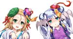  bare_shoulders blonde_hair blue_eyes blush blush_stickers bow braid chinese_clothes claw_(weapon) double_bun green_eyes hair_between_eyes hair_bow hair_ornament haku_(p&amp;d) halloween hat highres jiangshi long_hair looking_at_viewer meimei_(p&amp;d) multicolored_hair multiple_girls off_shoulder ofuda open_mouth outstretched_arms purple_hair puzzle_&amp;_dragons samoore shaded_face silver_hair simple_background turtle_shell twin_braids two-tone_hair weapon white_background wide_sleeves zombie_pose 