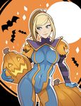  adapted_costume arm_support bangs bat blonde_hair blue_bodysuit blue_eyes bodysuit breasts breasts_apart closed_mouth colored_stripes contrapposto covered_navel cowboy_shot detached_collar diamond_(shape) eyebrows eyebrows_visible_through_hair frills full_moon gloves hair_tie halloween high_ponytail highres holding jack-o'-lantern light_smile lips looking_to_the_side medium_breasts metroid moon multicolored multicolored_bodysuit multicolored_clothes orange_background orange_bodysuit outline ponytail pumpkin samus_aran sidelocks simple_background skin_tight smile solo splashbrush standing striped swept_bangs turtleneck zero_suit 