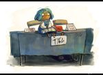  blue_eyes blue_hair chair commentary dated english heterochromia karakasa_obake koto_inari letterboxed red_eyes sign sitting sitting_on_table solo table tatara_kogasa touhou umbrella 