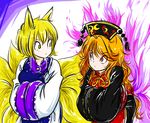  animal_ears black_dress blonde_hair chinese_clothes commentary dress fox_ears fox_tail hands_in_opposite_sleeves junko_(touhou) leaning_forward long_hair multiple_girls multiple_tails no_hat no_headwear orange_hair red_eyes rochika_gekijou short_hair tabard tail touhou trait_connection very_long_hair wavy_hair white_dress wide_sleeves yakumo_ran yellow_eyes 