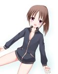  1girl bare_legs bottomless female gradient gradient_background long_sleeves naked_track_jacket no_panties no_pants saki solo takakamo_shizuno white_background 