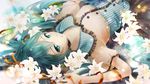  1girl alternate_outfit blue_eyes blue_hair buttons choker collar dress expressionless flower frills hatsune_miku laying_down long_hair nail_polish ribbon short_sleeves solo striped twintails vocaloid 