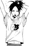  danganronpa danganronpa/zero greyscale hair_ornament matsuda_yasuke monochrome monokuma one_eye_closed ponytail shirt_lift stretch yawning 