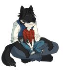  anthro canine clothed clothing duo male mammal rorr sitting smile young 