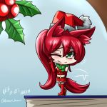  1girl animal_ears boots chibi christmas elbow_gloves gloves green_eyes hat mistletoe ponytail pyrrha_nikos red_hair rwby santa_hat scarf thigh_boots thighhighs vilde_loh_hocen wink 