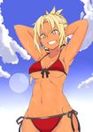  armpits arms_behind_head bikini blonde_hair blue_sky breasts cleavage cloud cowboy_shot day fate/apocrypha fate/grand_order fate_(series) from_below front-tie_top green_eyes grin groin highres medium_breasts minakami mordred_(fate)_(all) mordred_(swimsuit_rider)_(fate) navel red_bikini side-tie_bottom sky smile solo swimsuit tan 