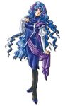  1girl banpresto blue_hair boots dress full_body hair_ribbons headband long_hair official_art purple_ribbon shawl simple_background solo standing super_robot_wars super_robot_wars_the_lord_of_elemental wendy_rasm_iknart 