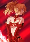  bare_shoulders blonde_hair breasts clarent detached_collar detached_sleeves fate/apocrypha fate/grand_order fate_(series) green_eyes kwi_(kawaiin) looking_to_the_side midriff mordred_(fate) mordred_(fate)_(all) navel ponytail red red_background sketch small_breasts smirk solo v_arms 