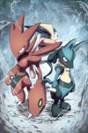  gen_4_pokemon gen_6_pokemon greninja highres kicktyan long_tongue lucario no_humans pokemon pokemon_(creature) red_eyes scizor spikes tongue tongue_out yellow_eyes 