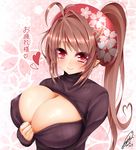  antenna_hair blush breasts brown_hair cleavage eyebrows_visible_through_hair heart heart_hair highres huge_breasts jotti long_hair looking_at_viewer meme_attire open-chest_sweater original pink_eyes pointy_ears ponytail reimusan_(jotti) smile solo sweater translated 