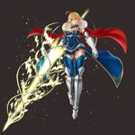  absurdres ahoge artoria_pendragon_(all) artoria_pendragon_(lancer) ass_visible_through_thighs blonde_hair blue_legwear breasts cape cleavage fate/grand_order fate_(series) fur_trim gauntlets greaves green_eyes highres holding holding_weapon lance large_breasts looking_at_viewer mhg_(hellma) polearm rhongomyniad solo thighhighs thighs type-moon weapon 
