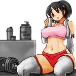  bangs black_hair blush breasts brown_eyes buruma collarbone commentary_request covered_nipples crop_top curvy dumbbell gym headband kantai_collection long_hair medium_breasts midriff nagara_(kantai_collection) navel no_bra one_side_up open_mouth ponytail simple_background solo sueyuu sweat sweatdrop thick_thighs thighhighs thighs toned towel white_background wide_hips 