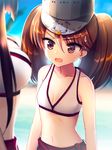  alternate_costume arms_at_sides bangs bare_shoulders beach blunt_bangs breast_envy breasts brown_eyes brown_hair cleavage collarbone day eyebrows eyebrows_visible_through_hair fang hair_between_eyes height_difference kantai_collection large_breasts long_hair looking_at_another looking_at_breasts mallizmora midriff multiple_girls navel open_mouth outdoors ryuujou_(kantai_collection) sidelocks sky small_breasts solo_focus sweatdrop tongue twintails upper_body visor_cap water yamato_(kantai_collection) 