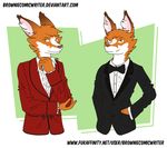  2016 abstract_background anthro avatar_guy brown_fur browniecomicwriter canine clothing fluffy fox fur half-length_portrait inner_ear_fluff looking_at_viewer male mammal multiple_images orange_fur pawpads pink_pawpads portrait signature smile solo white_countershading white_fur 