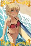  bad_id bad_pixiv_id beach blonde_hair breasts cleavage fang fate/apocrypha fate/grand_order fate_(series) front-tie_bikini front-tie_top jpeg_artifacts looking_at_viewer medium_breasts mordred_(fate)_(all) mordred_(swimsuit_rider)_(fate) navel ocean shirai_daisuke side-tie_bottom solo surf surfboard wading water 
