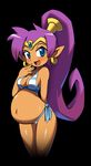  1girl bikini blue_eyes blush breasts cleavage dark_skin earrings female highres jewelry looking_at_viewer makoto_yabe official_art photoshop pointy_ears ponytail pregnant purple_hair shantae shantae_(character) shantae_and_the_pirate&#039;s_curse solo 