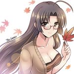  ahoge artist_name autumn_leaves bandeau bare_shoulders bespectacled breasts brown_eyes brown_hair cleavage collarbone eyebrows eyebrows_visible_through_hair falling_leaves glasses hair_intakes highres holding holding_leaf kantai_collection large_breasts leaf long_hair looking_at_viewer maple_leaf medium_breasts shouhou_(kantai_collection) smile solo the-sinner upper_body white_background 