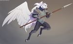  5_finger armor blue_eyes equine feathered_wings feathers flying fur grey_background hair holding_object holding_weapon hooves horse lunalei male mammal melee_weapon polearm simple_background smile solo spear weapon white_feathers white_fur white_hair wings 