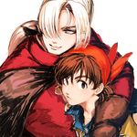  bandana bangs blue_eyes brown_gloves brown_hair center_part dragon_quest dragon_quest_viii gloves hair_over_one_eye hero_(dq8) hug kukuru_(dq8) looking_at_viewer looking_to_the_side male_focus multiple_boys parted_bangs ponytail simple_background smile upper_body white_background white_hair zakki 